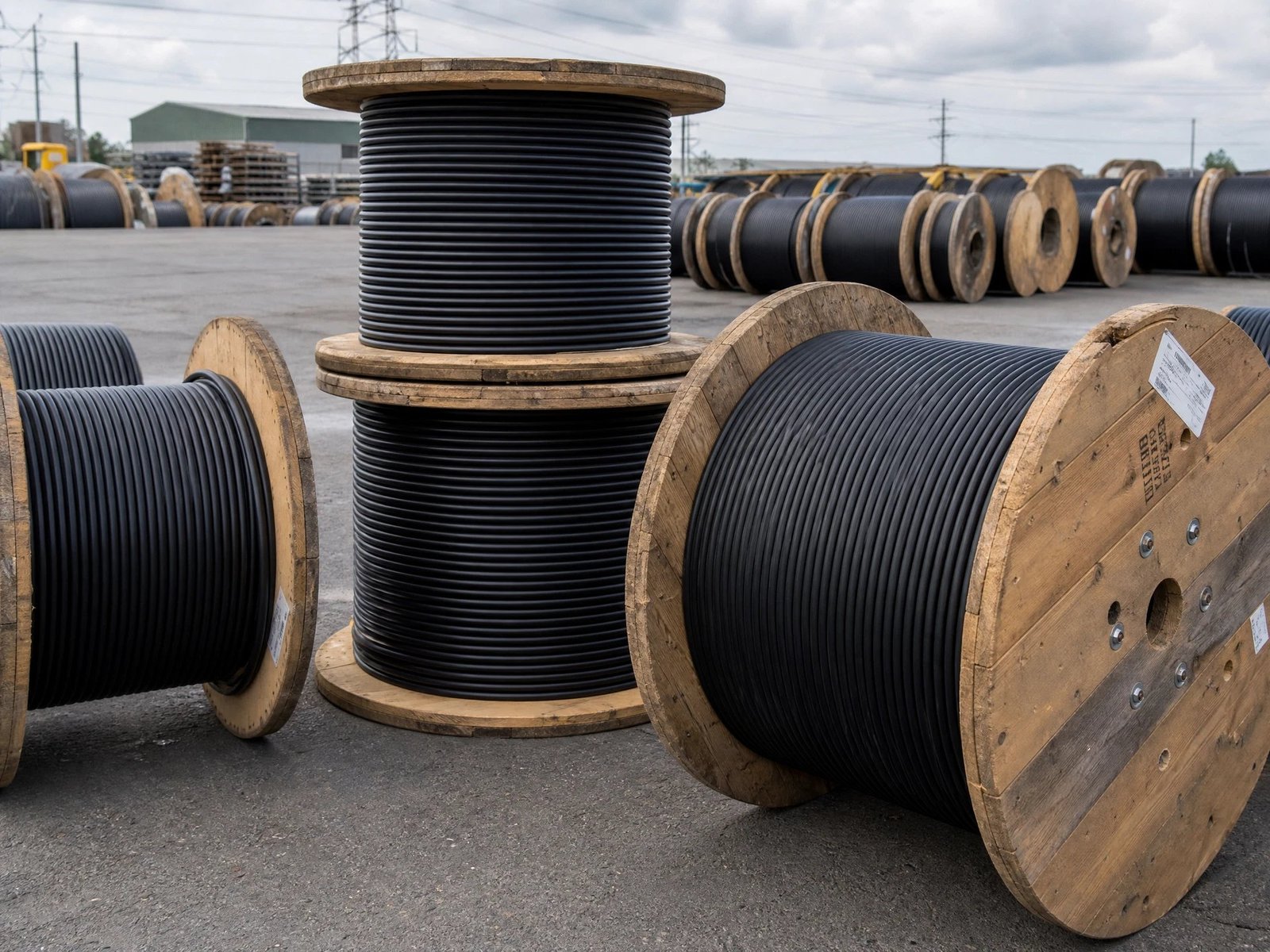 Surplus electrical cable reels staged in an outdoor yard awaiting pickup