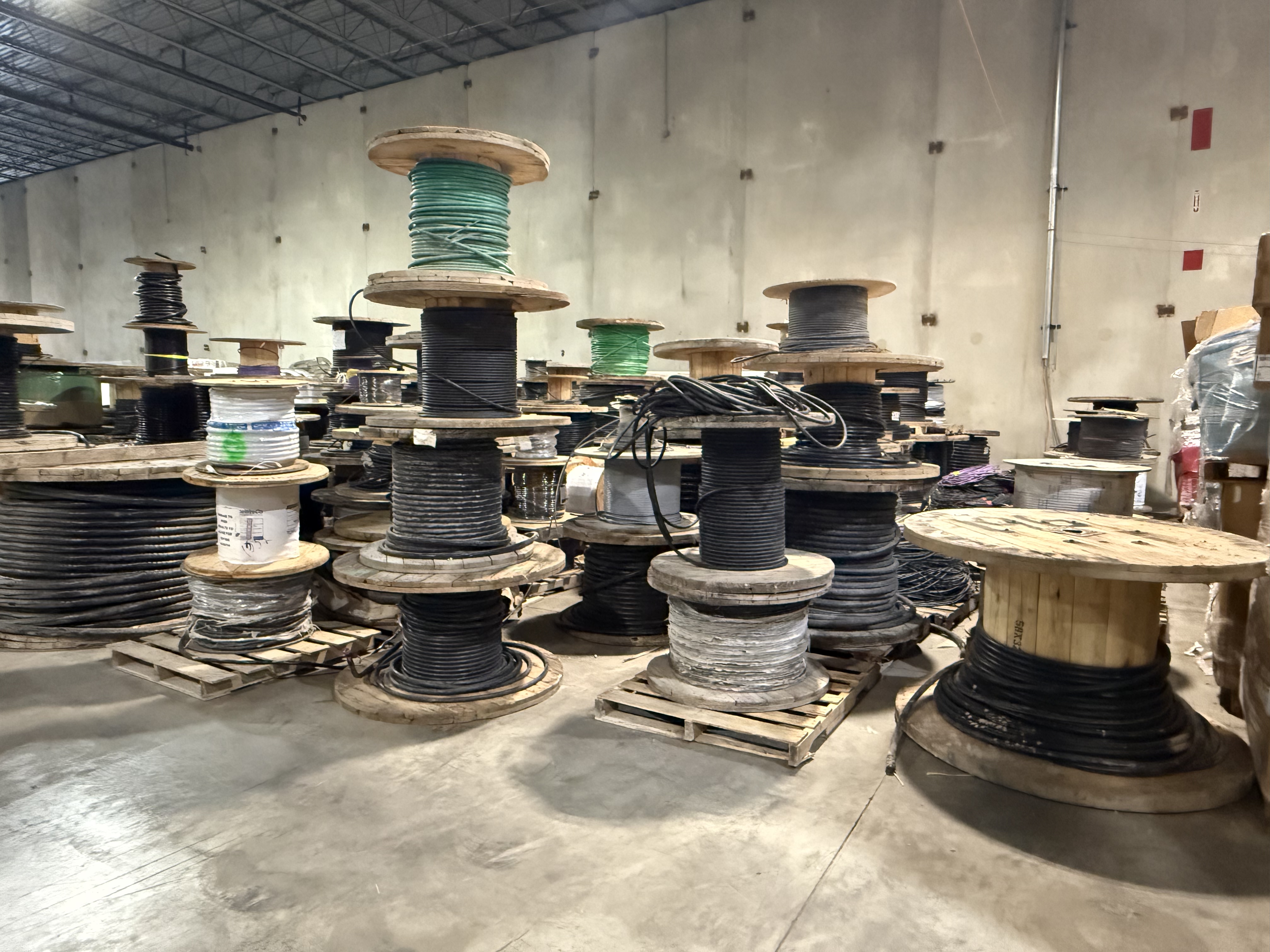 Bulk commercial wire and cable organized by reel, carton, pallet, conductor, gauge, and condition