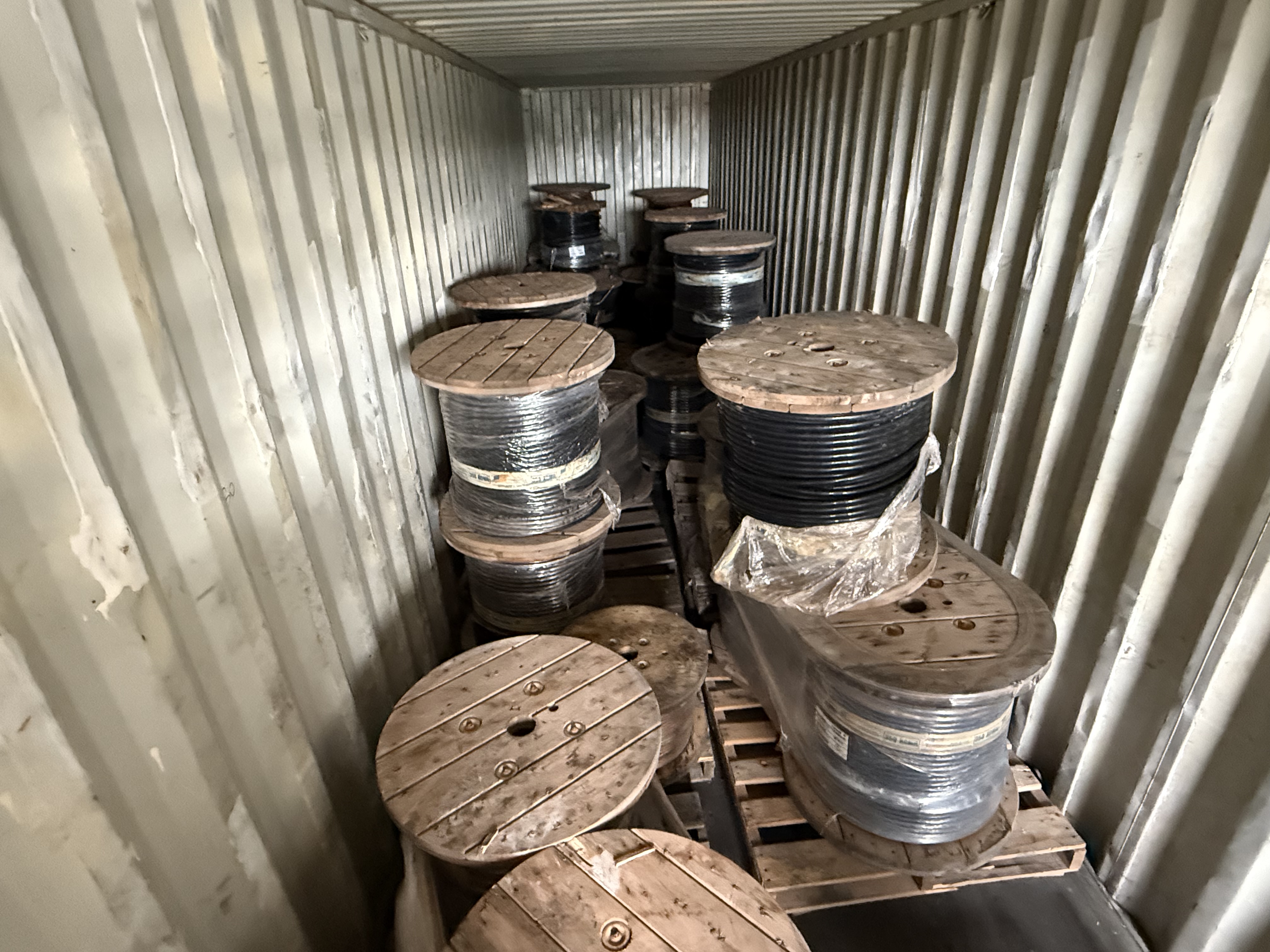 Wire reels loaded inside a shipping container